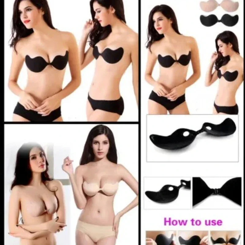 Women Sexy Strapless Invisible Bra Push Up Bralette Self Adhesive Silicone Bust Front Closure Sticky Bra Backless Stealth Bra