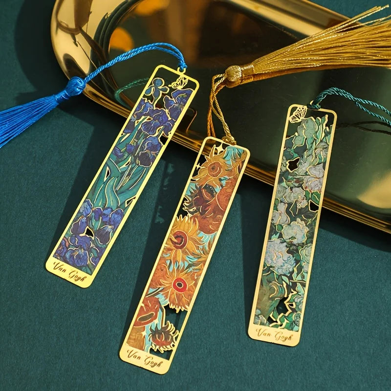 Vintage Oil Painting Metal Bookmarks - Hollow Hot Stamping Long Tassel Bookmarks - Stationery Gifts for Book Clubs, Book Lovers,