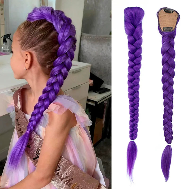 Synthetic 26inch Long Braided Purple Hair Ponytail Rumi Costume Hairstyle Ponytail with Clips for Kids Girls Halloween Christmas