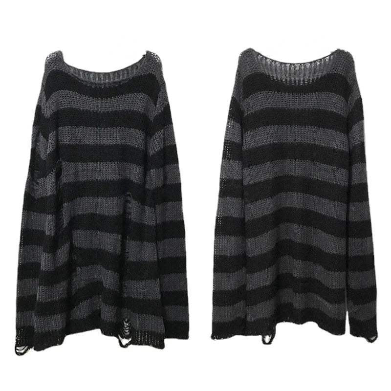 Nouveau Pull Long Unisexe Punk Gothique Été Femme Rayé Cool Creux Trou Cassé Pull Ample Rock Fin Sombre Streetwear Top