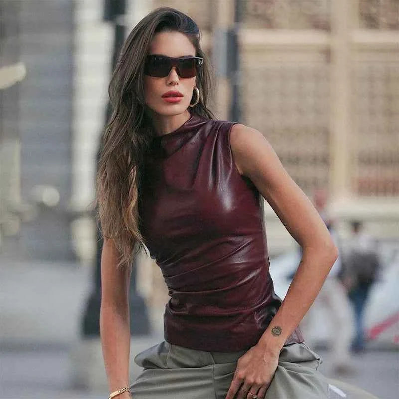 Burgundy Leather Tops Women Fashion Ruched Bodycon Crop Top Summer Sexy Sleeveless Irregular Night Club Party Tanks 2024 Black
