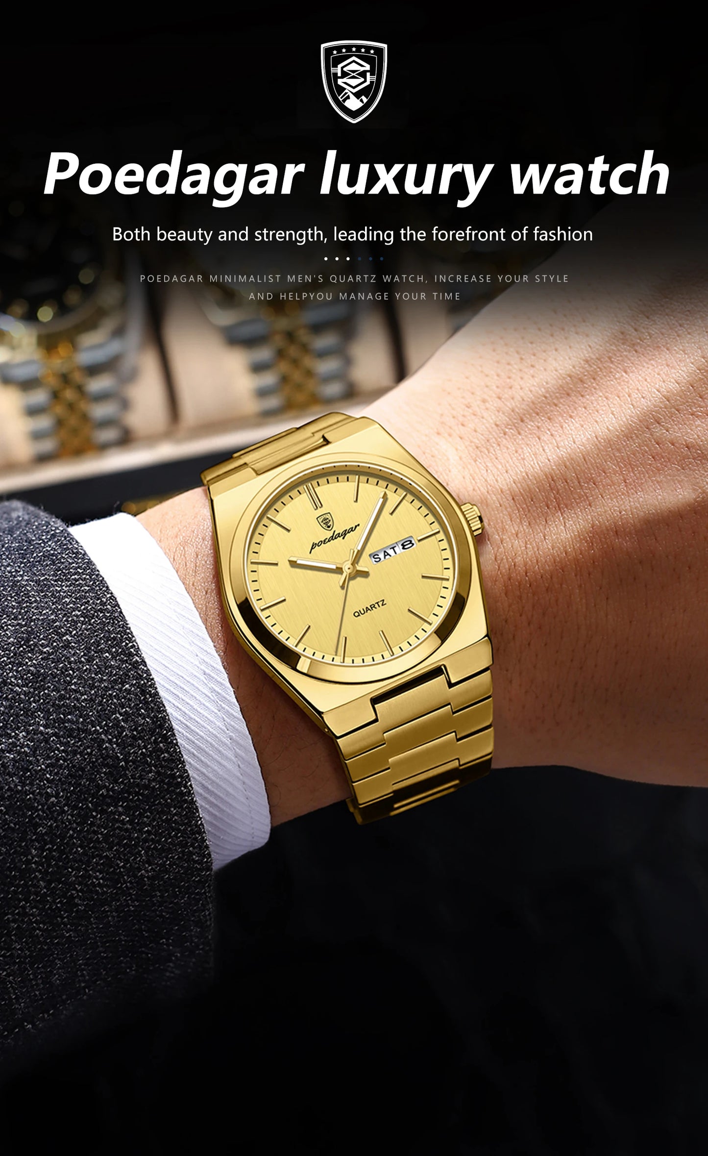 POEDAGAR Mode Klassische Herrenuhr Wasserdichte Leuchtende Datumsanzeige Wochenanzeige Luxus Herrenuhr Edelstahl Quarz Business Herrenuhren
