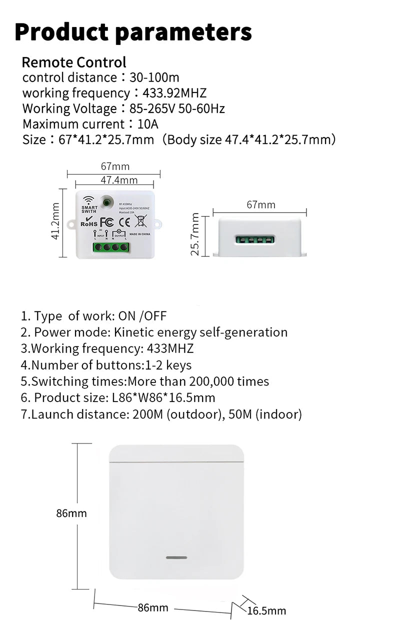 Wireless Light Wall Switch Relay Receiver RF 433Mhz 1/2/3Gang Panel Switch Remote Control Interruptor for LED Lamp 10A 110V 220V