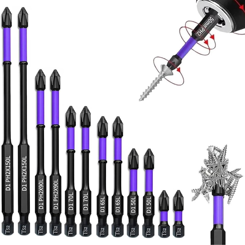 6/12 Embouts de tournevis magnétiques antidérapants antichocs Phillips embouts à chocs tige hexagonale en acier allié adaptés aux outils électriques