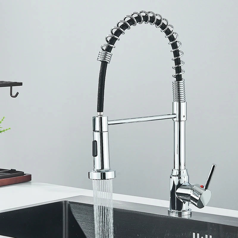 Chrome Spring Pull Down Kitchen Faucets Stream Spray Head Hot Cold Water Tap Stainless steel Rotation Kitchen Mixer Tap Crane - Shoppiline