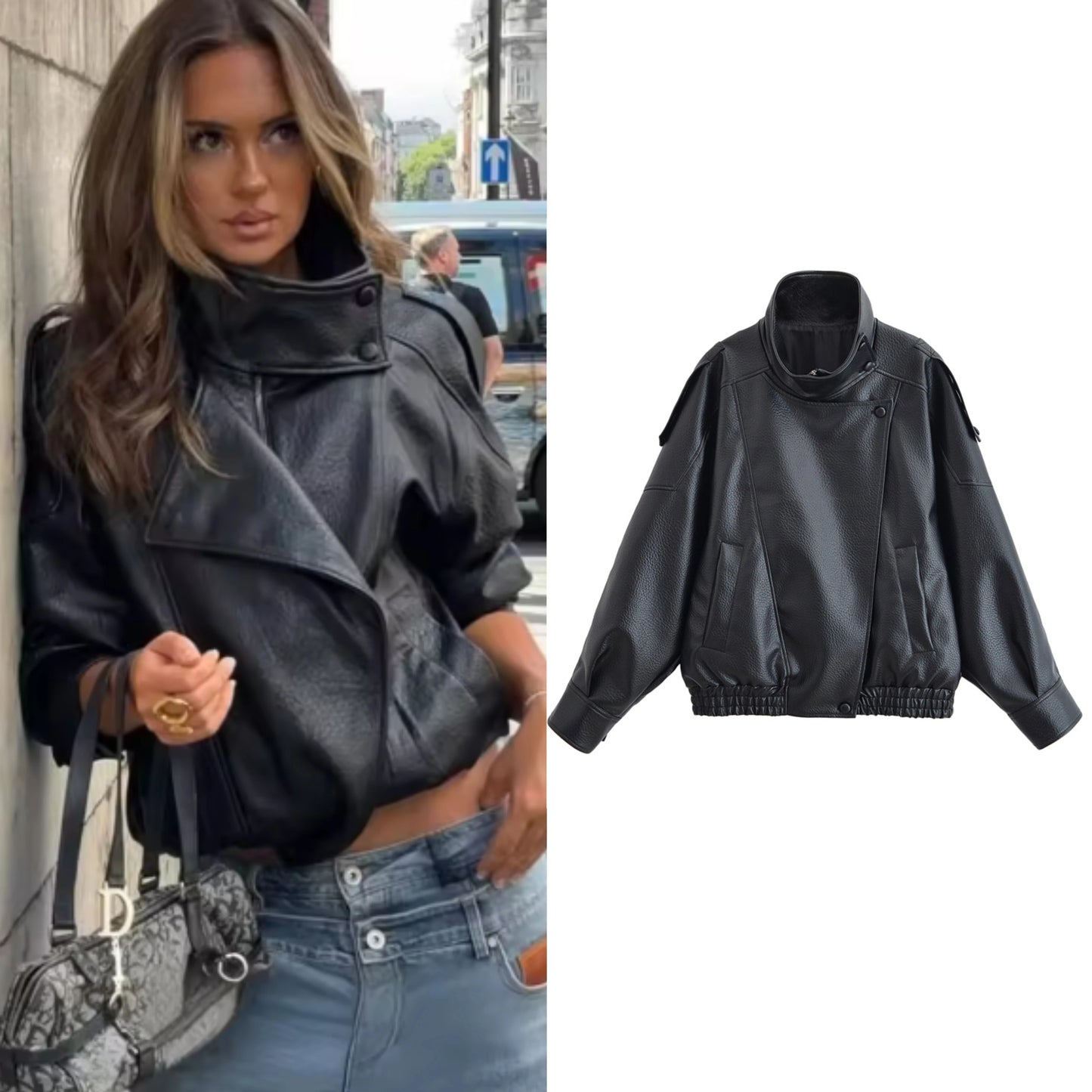 Women's Jacket 2026 Autunm  New Black Long Sleeve Pebble Faux Leather Jacket Motorcycle Style Personality Fashion