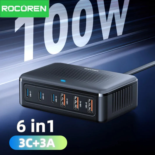 Rocoren USB Charger 100W GaN Charging Station 6-ports Desktop Fast Charging Type C Portable Power Station For iPhone 17 Xiaomi - Shoppiline