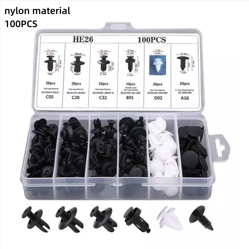 100PCS Multi-Purpose GM Rivet Kit - 6 Types of Quick Fastening Plastic Buckles for Various Car Parts Repair
