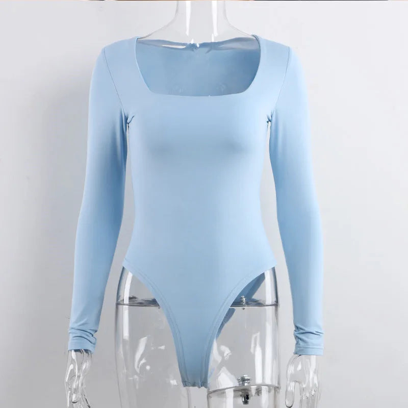 Long Sleeve Bodysuits Spring 2025 Square-Cut Collar Solid Bodycon Elastic Romper Sexy Y2k Women Clothing Fashion Club Party 2520