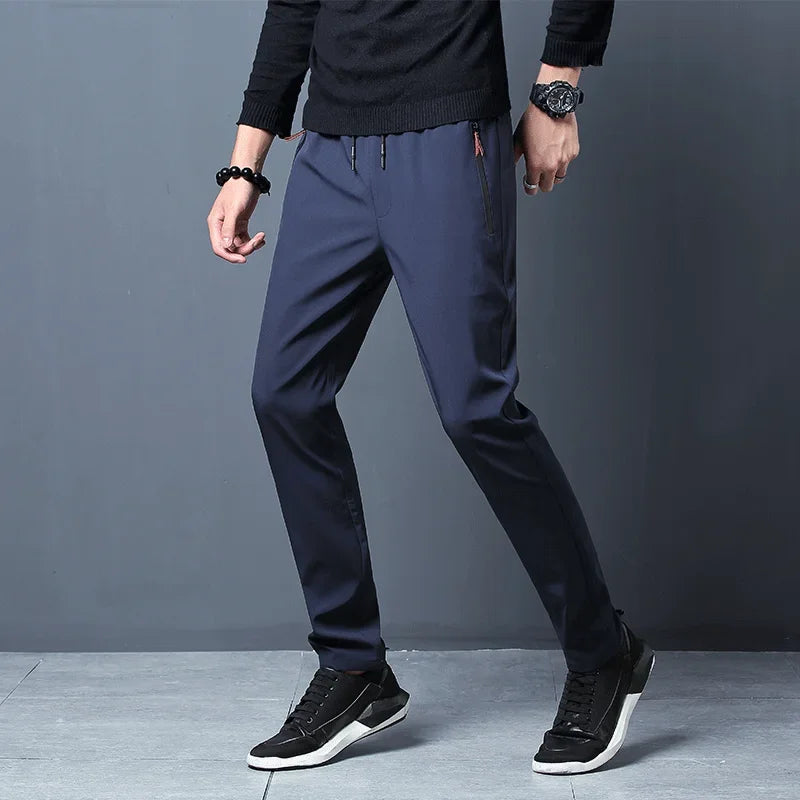 Herren Freizeithosen Gerade Schmale Passform Elastischer Bund Jogger Koreanische Klassische Blau Schwarz Grau Herrenmarkenhosen Übergröße