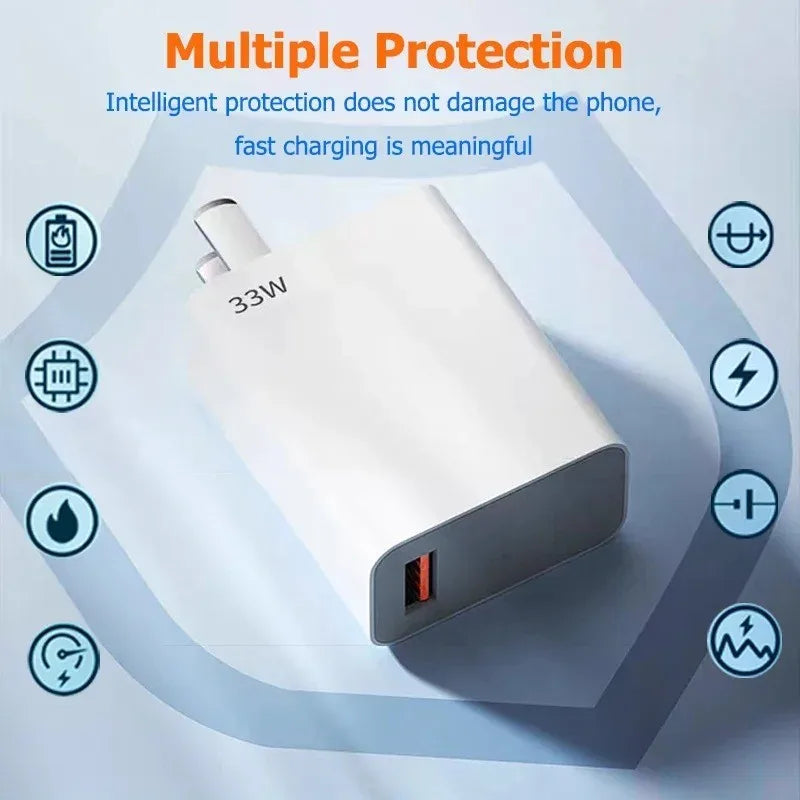 33W USB Fast Charger Quick Charge 3.0 USB Type C Cable 6A for Xiaomi Redmi Note 13/12 iPhone Samsung Mobile Phone Charge Adapter