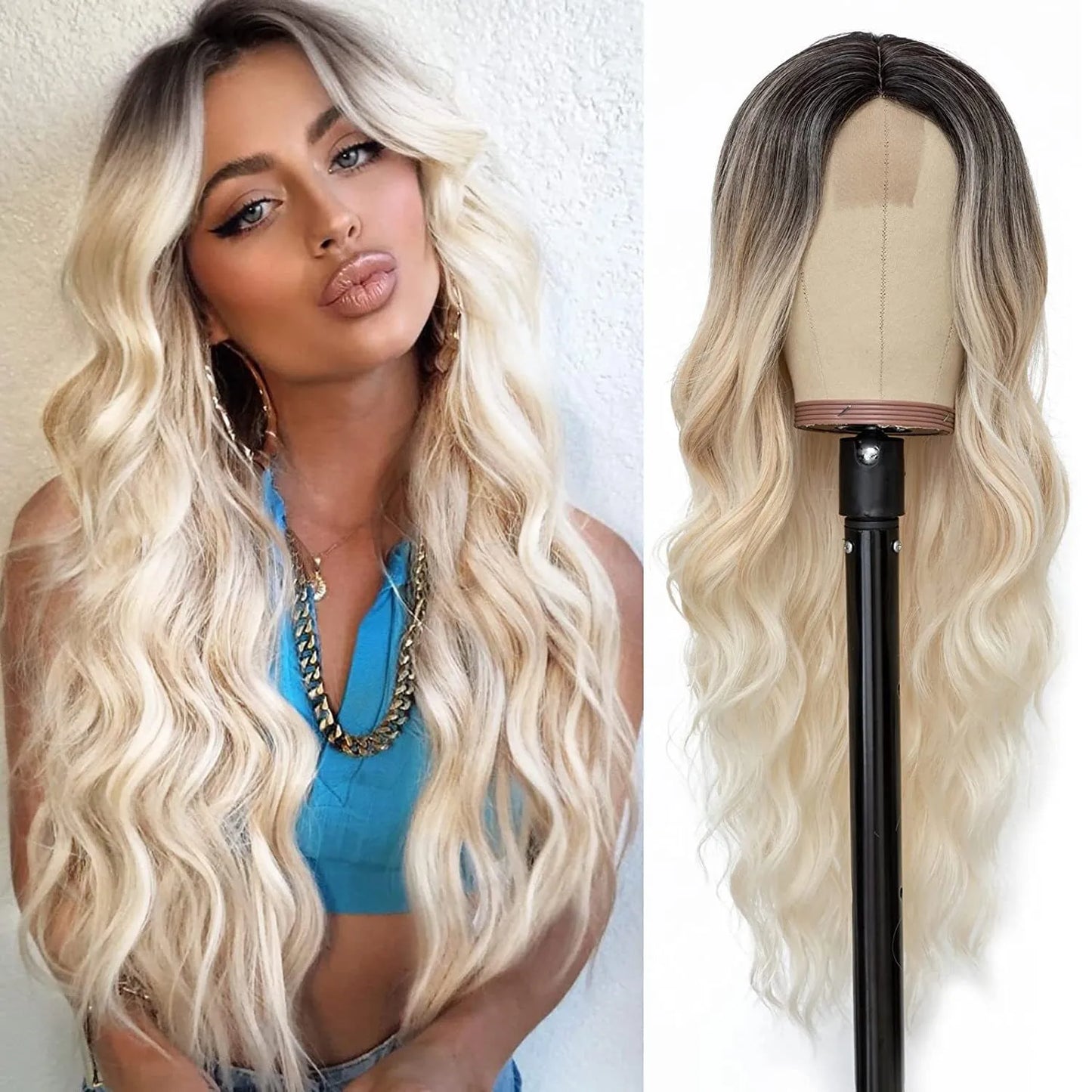 Synthetische lange Spitzenperücke wellig für Damen, 66 cm, Mittelscheitel, lockig, natürlich aussehend, hitzebeständige Faser für Alltag, Party, Weihnachten
