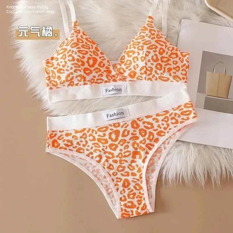 2025 Summer New Women's Leopard Print Traceless and Steel Rim Bra Adjustable Shoulder Strap Back Women's Underwear Set