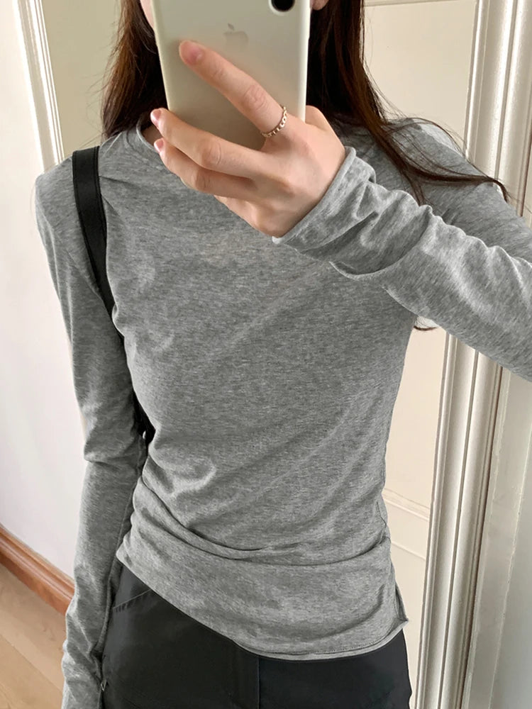 Spring Autumn T shirt Women Tops Solid Long Sleeve Ruched O Neck Tshirts Female Korean Casual Streetwear High Quality Base Tees