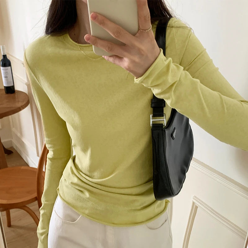 Spring Autumn T shirt Women Tops Solid Long Sleeve Ruched O Neck Tshirts Female Korean Casual Streetwear High Quality Base Tees