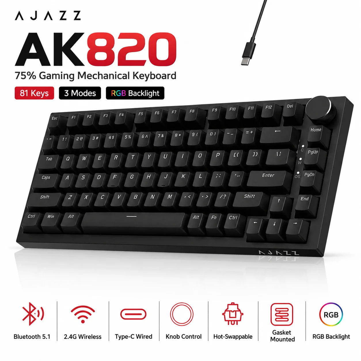 AJAZZ AK820/AK820 Pro Mechanical Gaming Keyboard Tri-Mode Bluetooth 5.1 Wireless Wired Knob Hot Swap Gasket Custom Keyboard