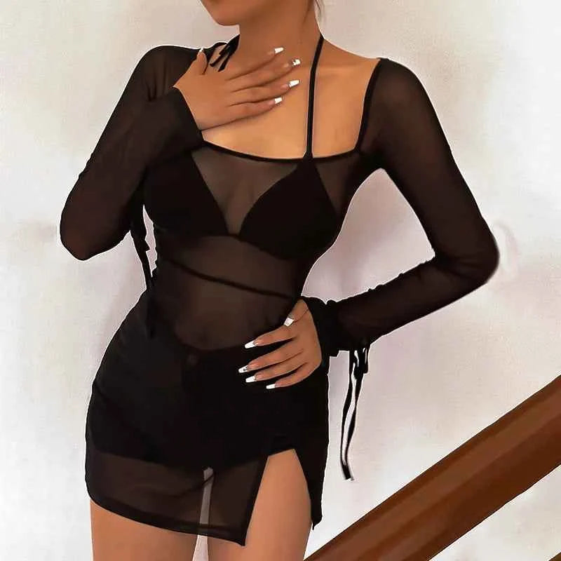 Women's Square Collar Mini Dress Y2K Gauze Long Sleeve Sheer Sexy Night Outfit Clubwear Solid Color