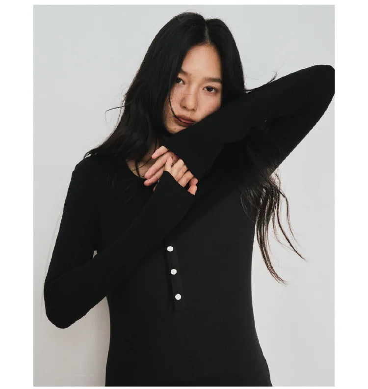 Silk Wool Basic Shirt For Women Autumn Winter Round Button Neck Slim Knitwear, Solid Color Striped Long Sleeve Top