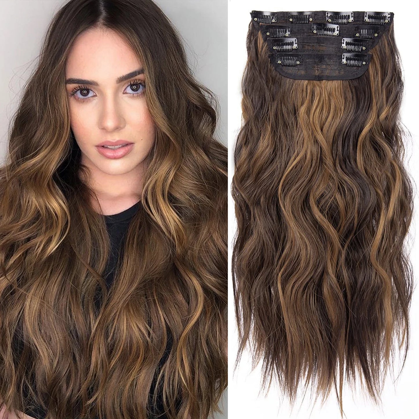 4Pcs/Set 20Inch Synthetic Hair Clip In Long Wavy Thick Hairpieces For Women Full Head Synthetic Hair Extensions Ombre Hairpieces