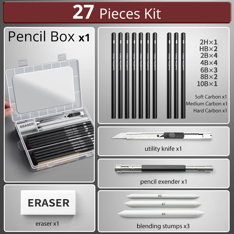 27/38/47pcs Drawing Pencils Sketch Box Set Sketching Kit Pro Art Sketch Supplies Charcoals Kneaded Eraser Extender Pencil Case