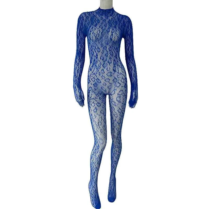 Sexy Lace See Through Bodysuit Long Sleeve Fishnet Jumpsuits Elastic Night Club Jump Suits for Women Sexy Pole Dancing Overalls