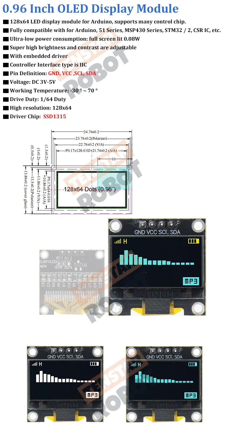 TENSTAR 0.96 Inch I2C OLED Display Module Driver chip SSD1315 White Blue Yellow 128X64 4Pin IIC Serial 12864 LCD Screen Board