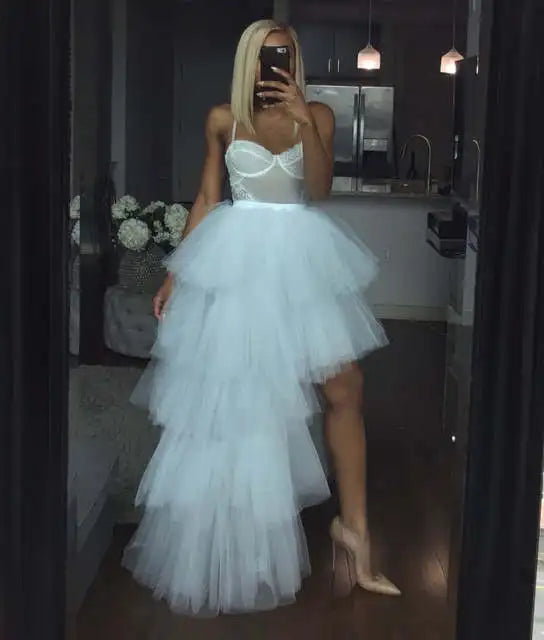 BABYONLINE Women Tiered Tulle High Low Skirts Elastic Waist Petticoat Puffy Long Tulle Skirt Female Maxi Skirt Free Size