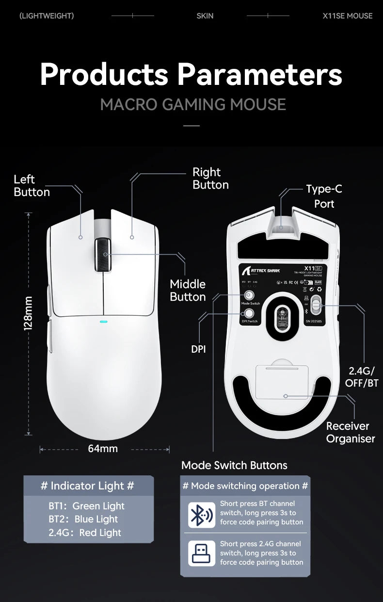 Attack Shark X11  X11SE Wireless Gaming Mouse 3-Mode , PAW3311, 22000DPI, 400IPS, PC Gaming Mouse