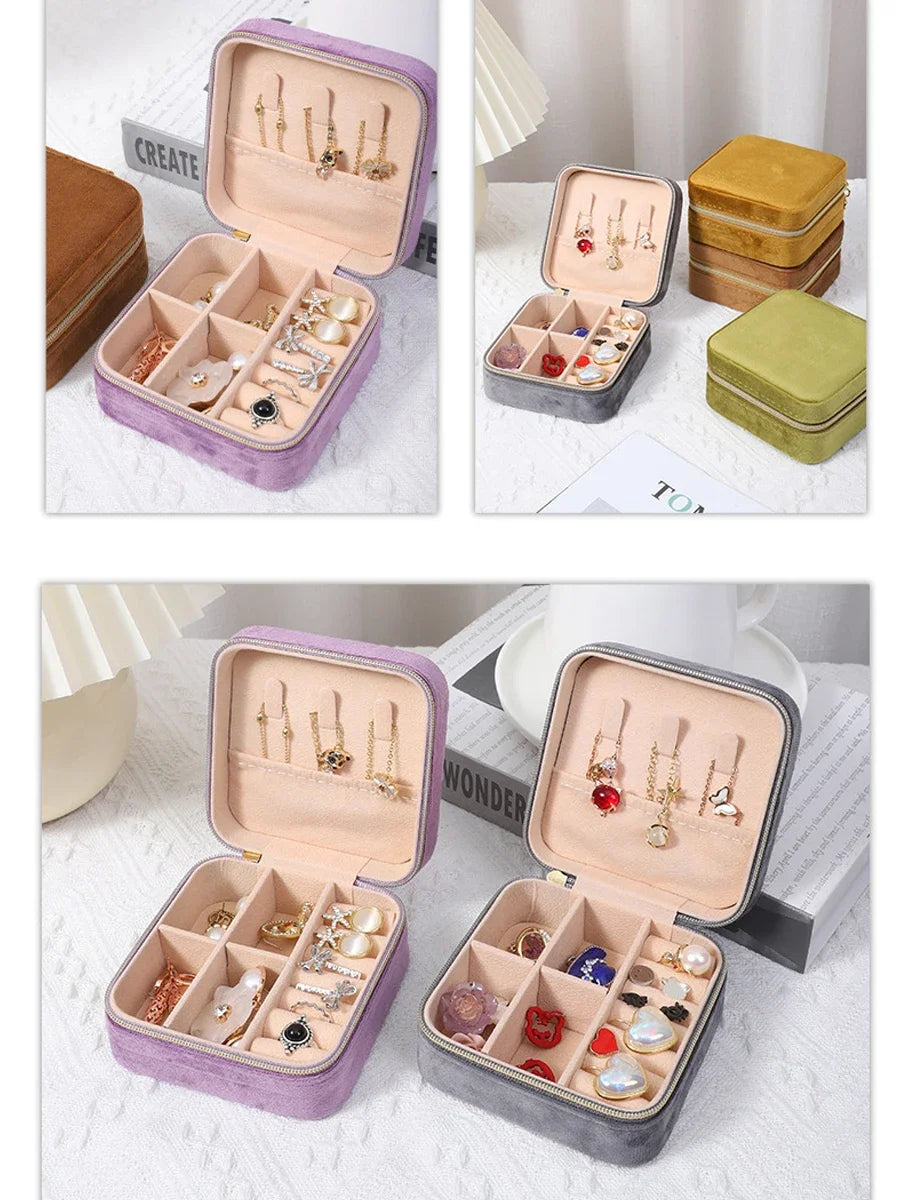 Boîte à bijoux en velours pour femmes, organisateur de colliers, bagues, boucles d'oreilles, étui de rangement portable carré à fermeture éclair