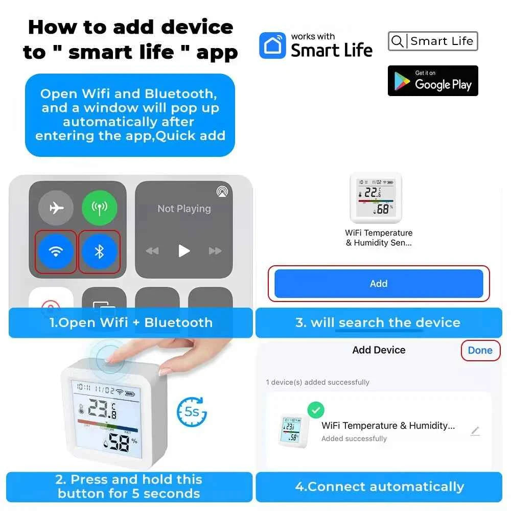 ONENUO Tuya WIFI Temperature Humidity Sensor Hygrometer Thermometer Smart Home APP Remote Moniter Support Alexa Assistant