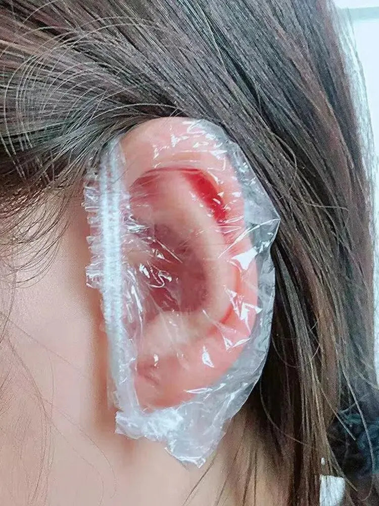 100PCS Disposable Hair Earmuff Dye Transparent Elastic Shower Hair Dye Protection Tool Shield Waterproof Earpack Plastic Wrap
