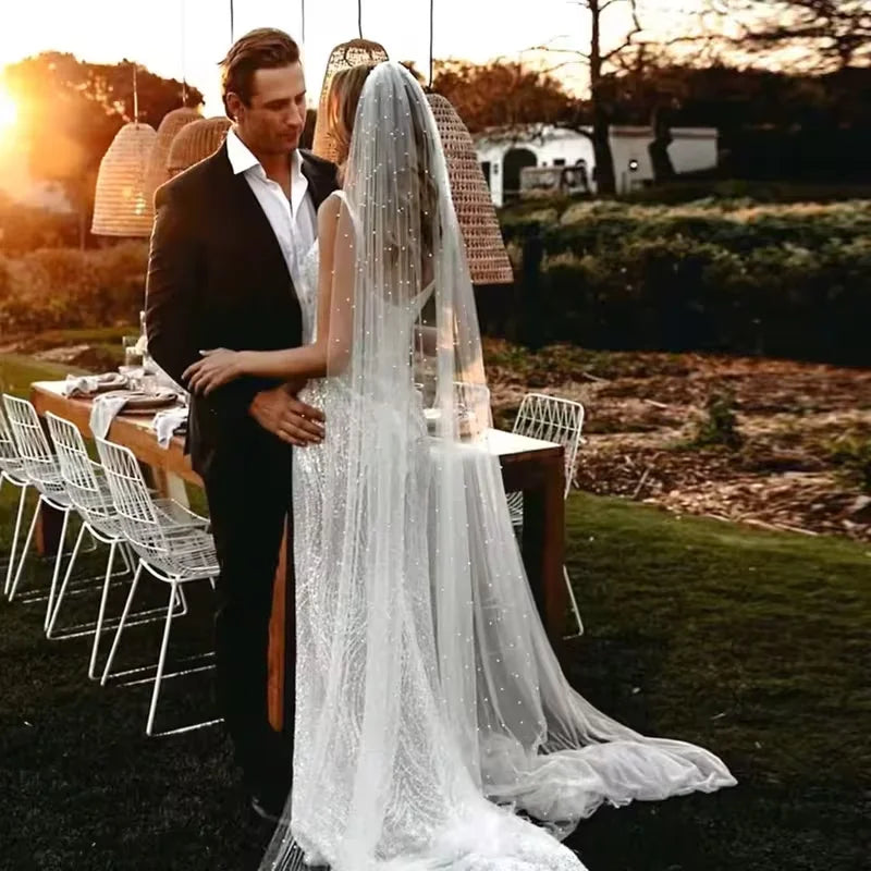 3 Meters Long Pearl Beaded Bridal Veil One Layer Long Wedding Marriage Accessories for Women