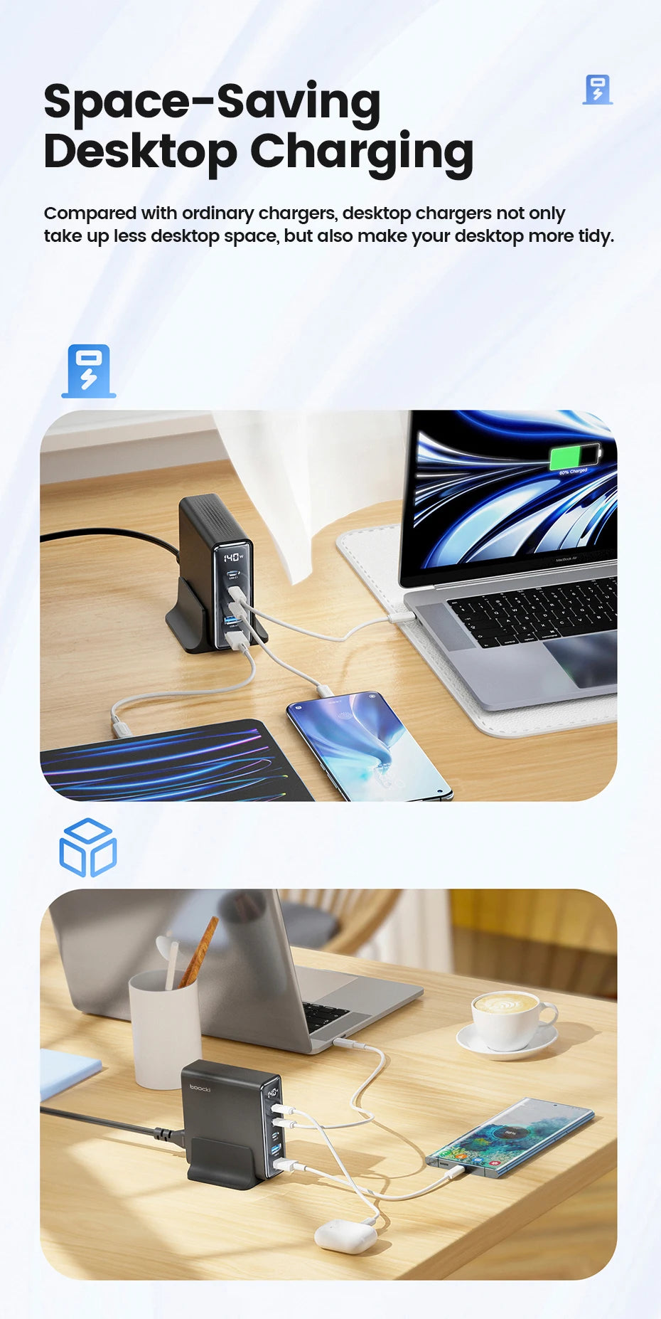 Toocki 140W GaN USB Charger 5in1 Desktop Fast Charge USB Type C Charger LED Display Charger For iPhone Xiaomi Smartphone Laptop - Shoppiline