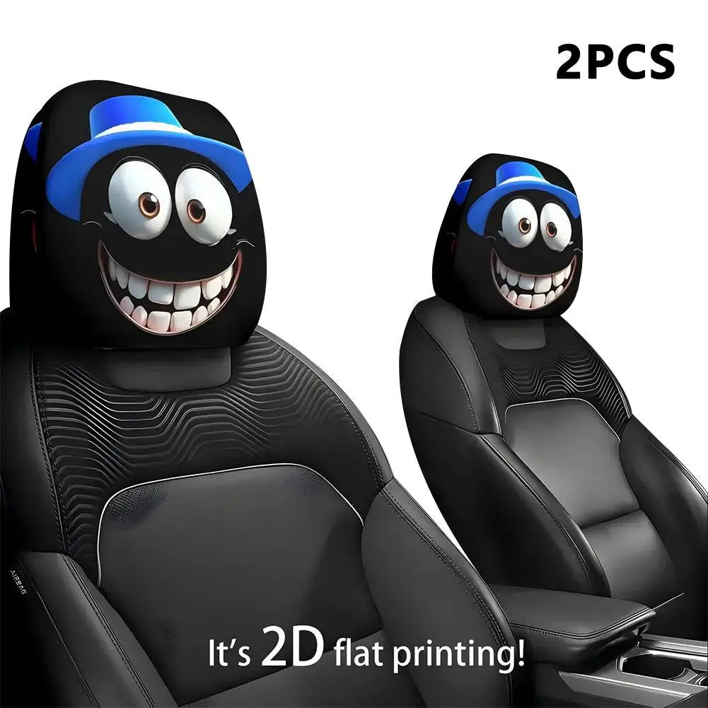 2pcs Smiley Face Printed Car Pillowcase Soft Comfortable Decorative Cushion Cover Auto Seat Headrest Washable Polyester Fabric