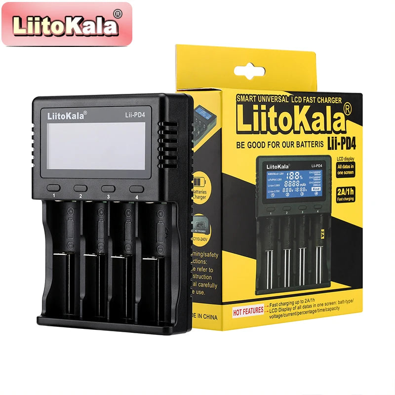 LiitoKala Lii-PD4 AC PD Charger LCD Fast Charging 4-Bay for LiFePO4 3.2V 21700/18650/AA/AAA Multi-Protection Auto-Detect