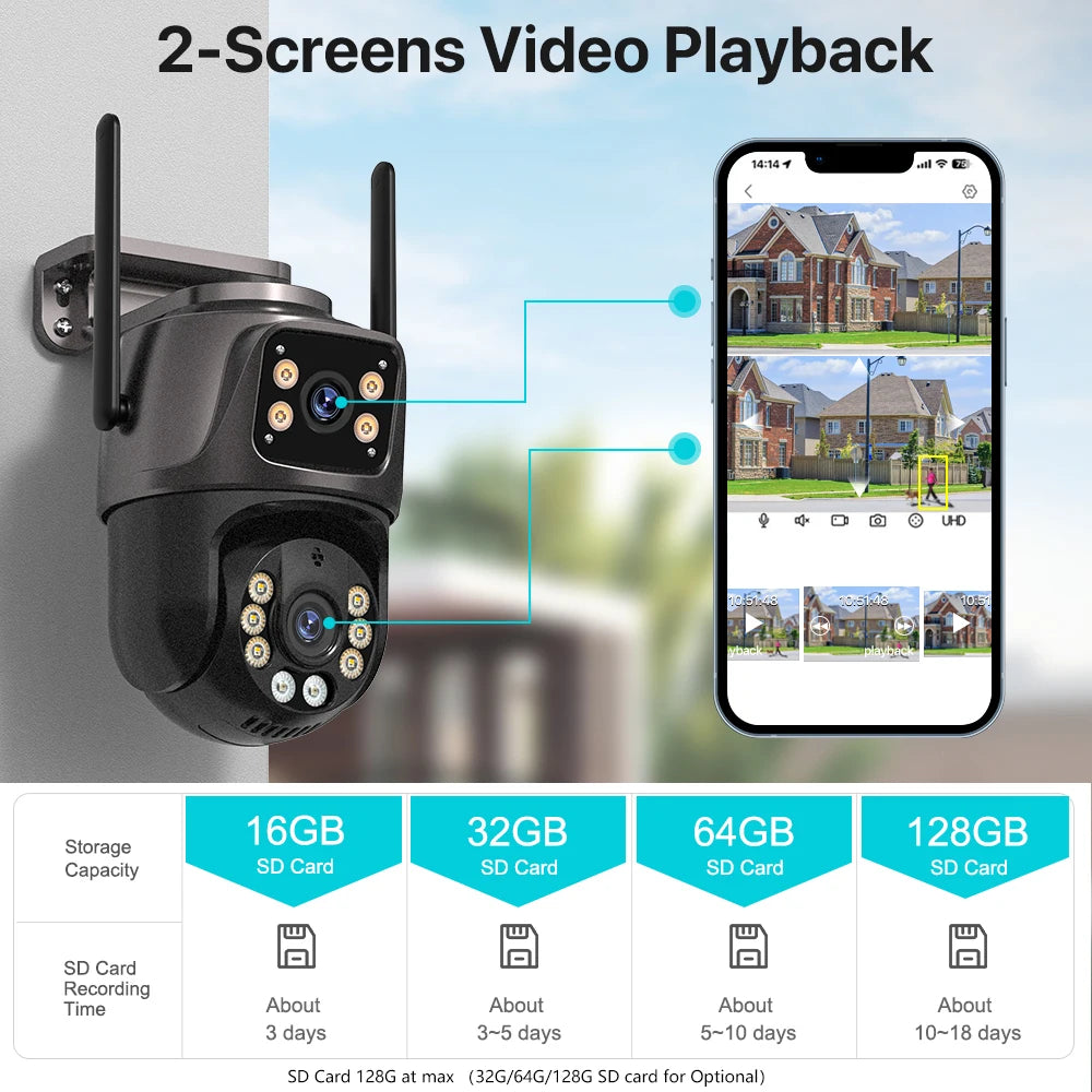 4K 8MP HD Wifi PTZ Camera Outdoor 4MP Dual Lens Dual Screen AI Auto Tracking IP Camera CCTV Audio Video Surveillance P2P iCSee - Shoppiline