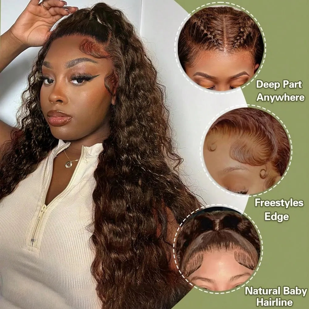 Schokobraune Deep Wave 13x6 Lace Front Perücke Echthaar Wasserwelle 250% Dichte Lockige Perücke Echthaar Braune Perücken Vorgezupft