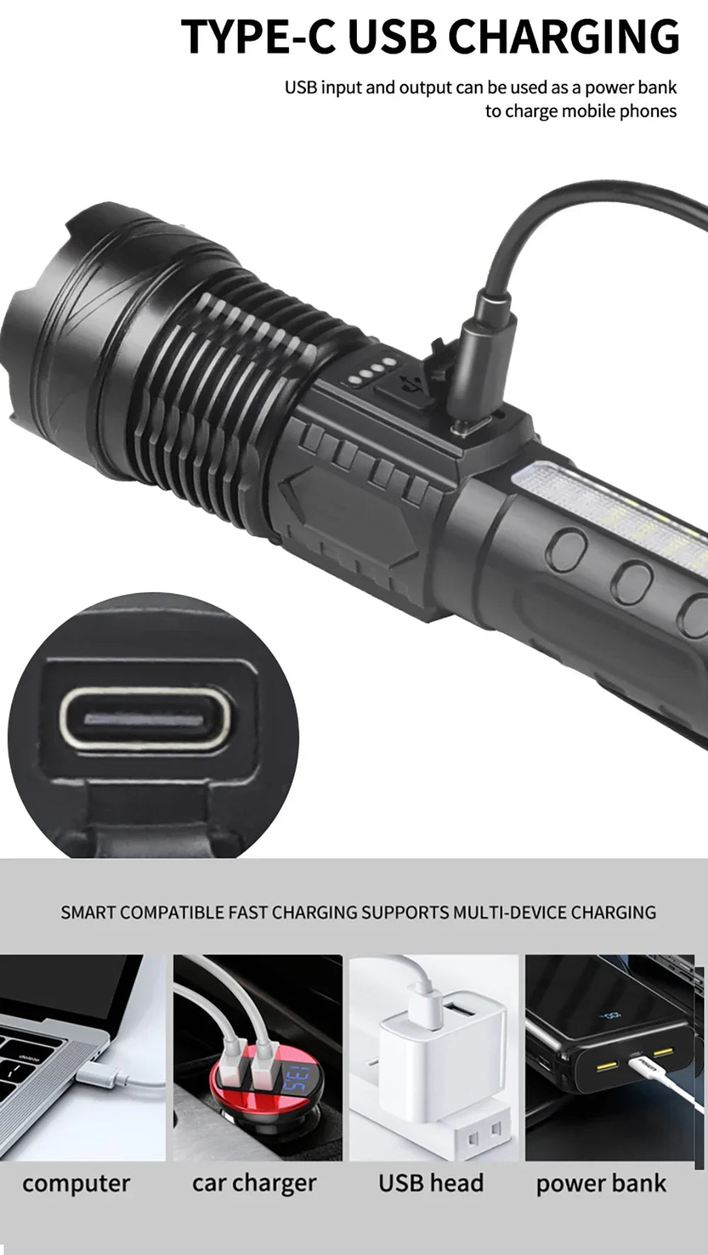 Powerful XHP50 LED Flashlight Waterproof 18650 Torch With Side Light 7 Modes Camping Fishing Lantern USB Rechargeable Zoom Lamp