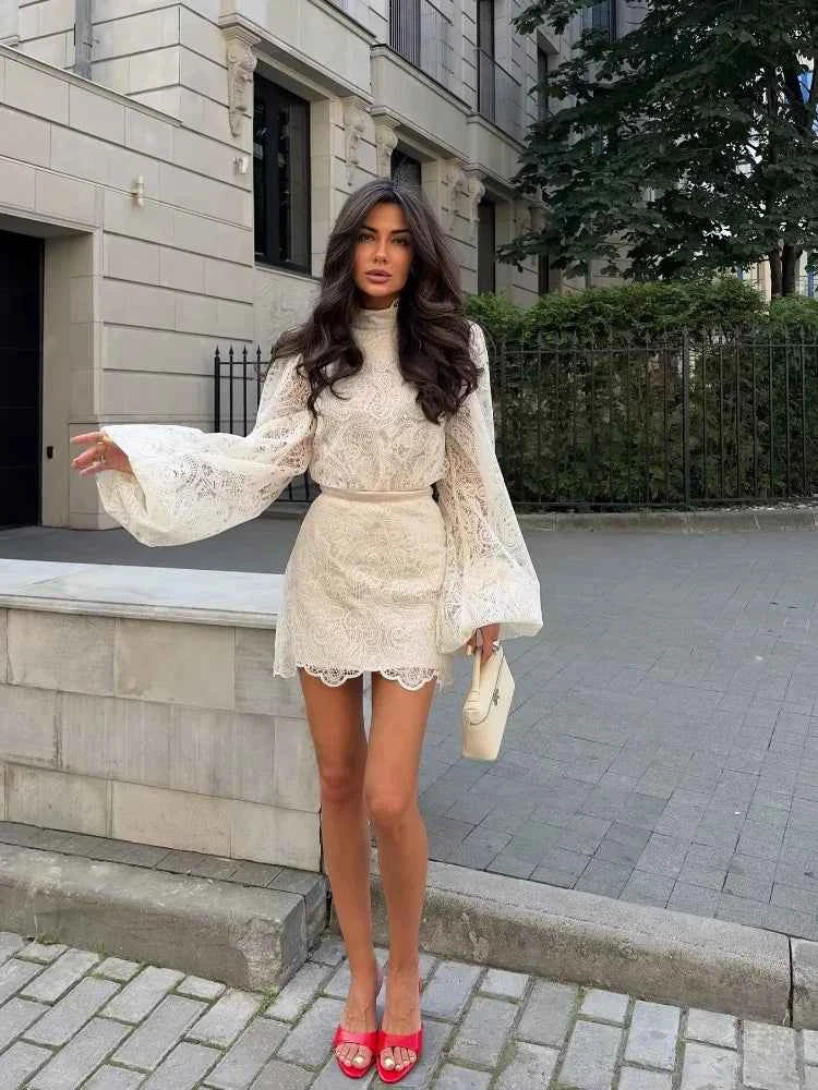 Trendy Lady Hollow Out Lace Mini Dress Elegant 2025 New Long Sleeve Designs Chic High Neck Short Vestidos Autumn Club Night Gown