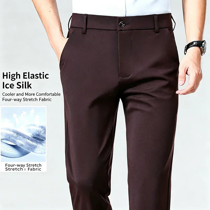 Mens Summer Stretch Straight Leg Business Dress Pants Breathable High Drape Trousers for Business Events