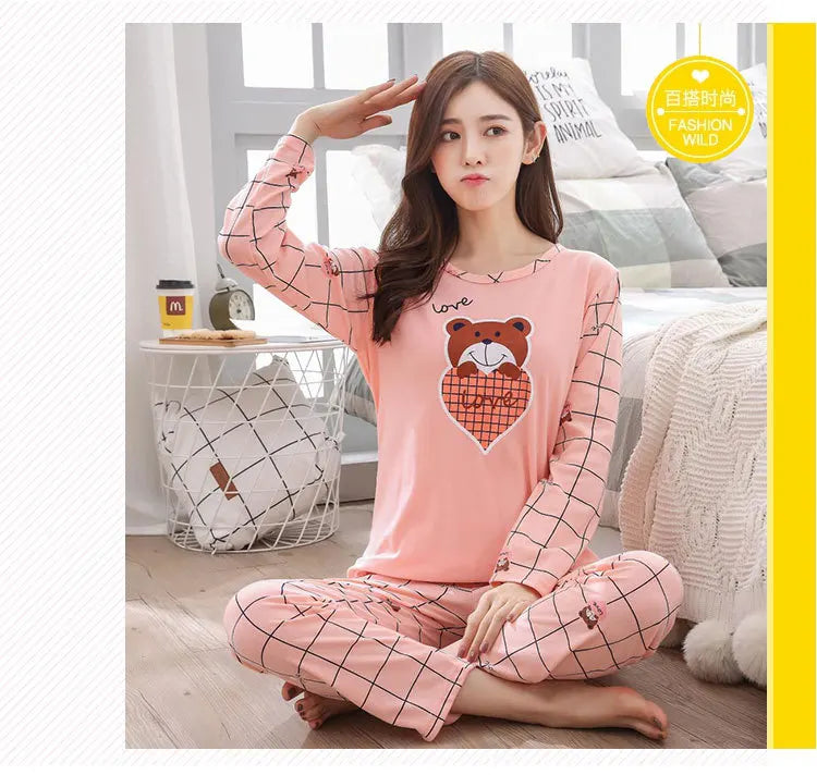 2PCS/Set Women Fashion Long-Sleeved Pajamas Autumn Winter Cartoon Love Bear Cute Soft Loose Casual Omfortable Outside Homewear