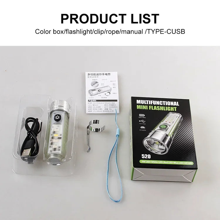 Multifunction Portable Torch Camping Lights USB C Rechargeable LED Flashlight LED MINI Keychain Light with Tail Magnet Uv Light
