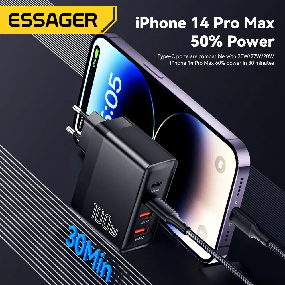 Essager 100W GaN USB Type C Caricabatterie PD QC Quick Charge 4.0 3.0 Type C Ricarica Rapida Per iPhone 14 13 12 Xiaomi Macbook - Shoppiline