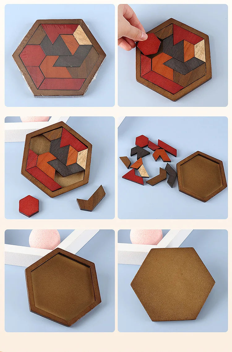 Hexagonal Wooden Puzzle — Adult Brain Teaser Toy, comprising 11 interlocking puzzle pieces, a challenging logic game ideal for t