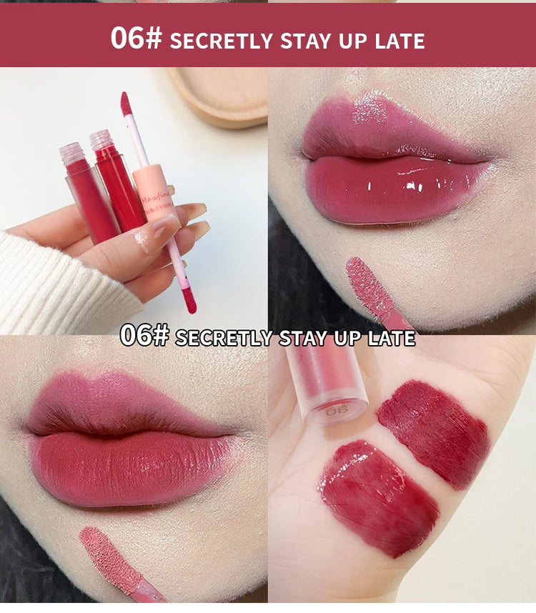 Doppelseitiger Lip Glaze Vollglanz Spiegel und mattes Samt Langzeit-Farbe und Feuchtigkeit Lip Gloss Anti-Flecken Kosmetik Lip Glaze