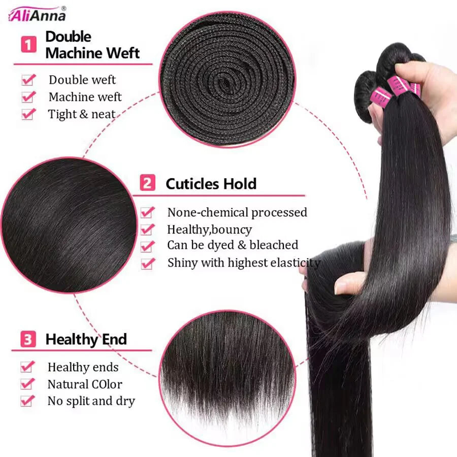 ALIANNA 26Inch Human Hair Bundles 10A Brazilian Raw Hair Weave Bundles 30 38 40 Inch Straight Human Hair Bundles Hair Extensions