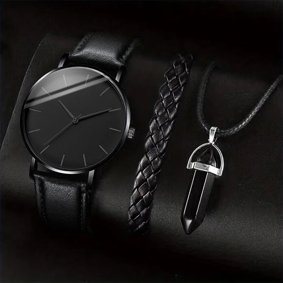 3-teiliges Set Herren Business Uhren Lässiges Lederarmband Analog Quarz Armbanduhr Herren Halskette Armband Set