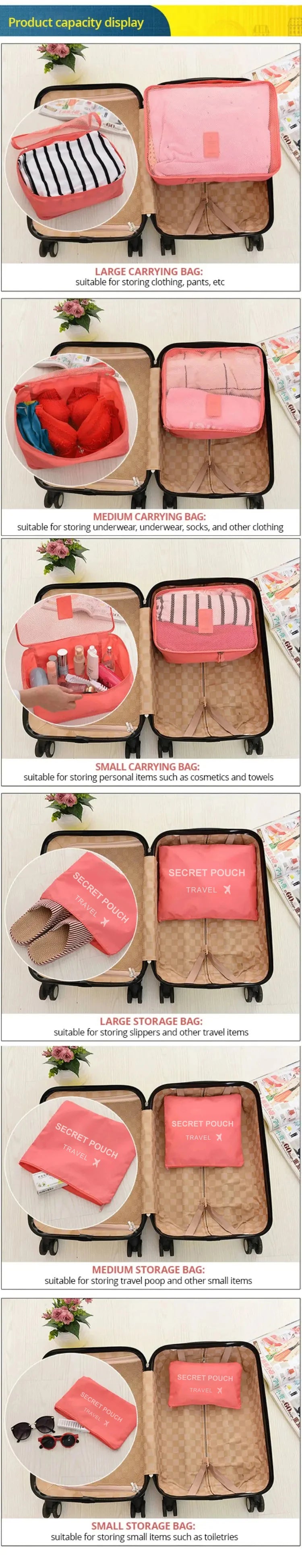 6 Pcs/Set Pink/Blue/Grey Travel Storage Bag Large Capacity Waterproof Luggage Clothing Underwear Storage with Zipper