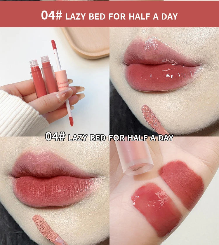 Doppelseitiger Lip Glaze Vollglanz Spiegel und mattes Samt Langzeit-Farbe und Feuchtigkeit Lip Gloss Anti-Flecken Kosmetik Lip Glaze
