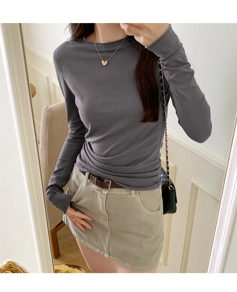2026 Spring Autumn T shirt Women Tops Solid Slim Fit Long Sleeve O Neck Tshirts Female Casual Streetwear High Quality Base Tees